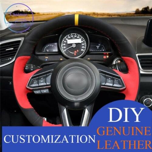 For Mazda CX-9 /CX-5 / Axela car steering wheel cover black red leather DIY anti-slip design all season comfort touching sense