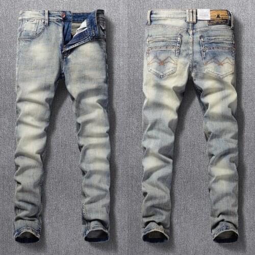 Italian Vintage Fashion Men Jeans Elastic Cotton Slim Fit Ripped Jeans For Men Retro Washed Designer Casual Denim Pants Hombre