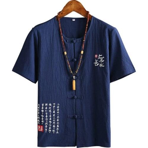 Men Short Sleeve Vintage Casual Mens T Shirts Buckle Summer Fashion Man T-Shirt Chinese Style Cotton T Shirt
