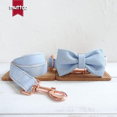 MUTTCO retailing self-design collar THE LIGHT JEAN handmade collar wathet blue and white 5 sizes dog collar with bow tie UDC034M