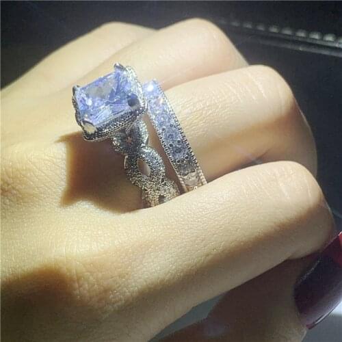 Vintage Court Ring Set 925 sterling Silver Princess cut AAAAA cz Engagement Wedding Band Rings For Women Bridal Jewelry