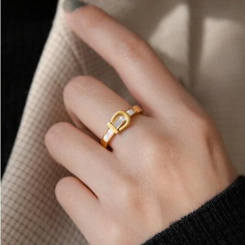 316L Stainless Steel 2021 New Fashion Fine Upscale Jewelry Gold Color Natural Shell Belt Buckle Shape Wedding Rings For Women