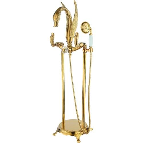 Free standing gold clour Floor Mounted swan Bath Tub shower Filler Faucet Handshower