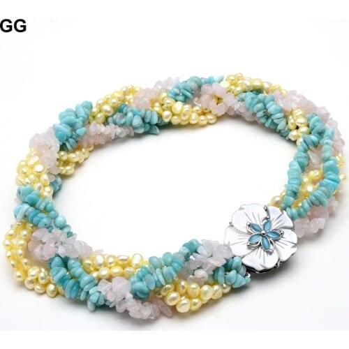 GG Jewelry 7 Rows Natural Yellow Keshi Pearl Real Green Amazonites Rose Quartzs Stone Shell Flower Clasp Necklace For Women