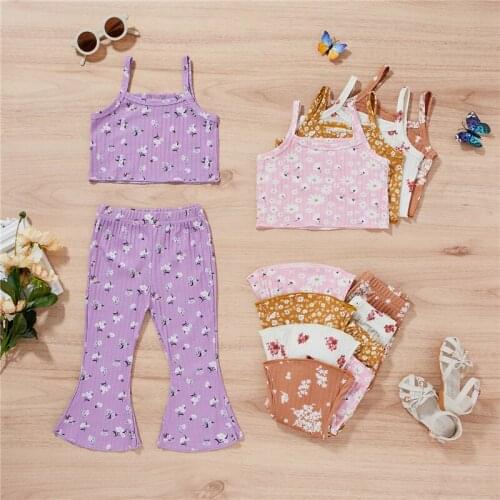 Hot Summer Girls Floral Print Clothes Set Sleeveless Square Collar Cropped Tops + Flared Trousers Kids Girl Clothing Suit
