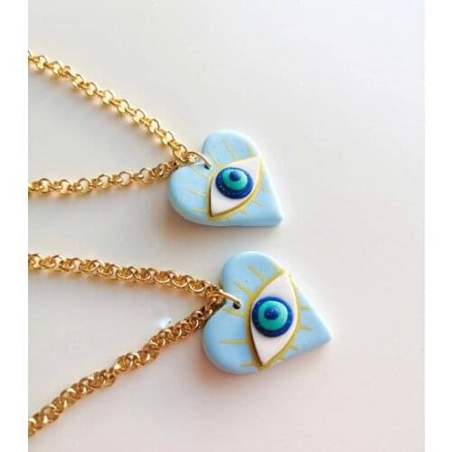 Handmade high quality art and workmanship ceramic design evil eye bebe blue heart pendant gold plated chain 50cm