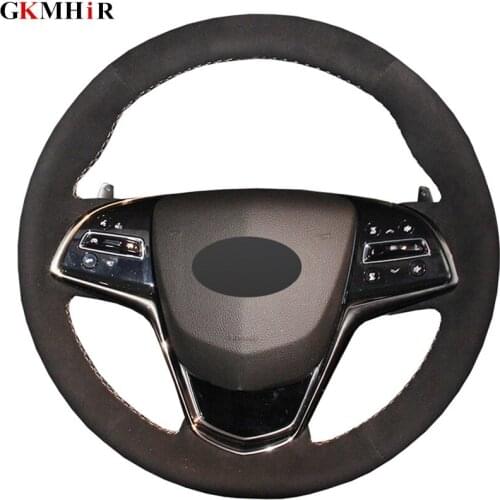 DIY Hand-stitched Black Suede Leather Car Steering Wheel Cover for Cadillac CTS 2014-2016 ATS 2013-2015