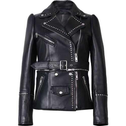 YOLOAgain Spring Women Rivet Black Real Sheepskin Genuine Leather Jacket Detachable