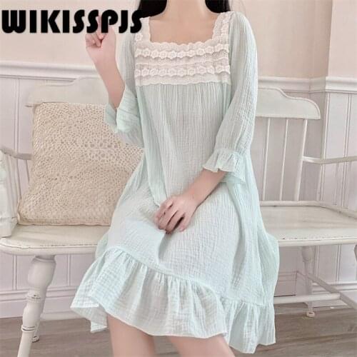 WIKISSPJS Summer New Sweet Lace Princess Square Neck Home Dress Palace Style Cotton Nightdress Knee-Length Robe Sets Night Wear