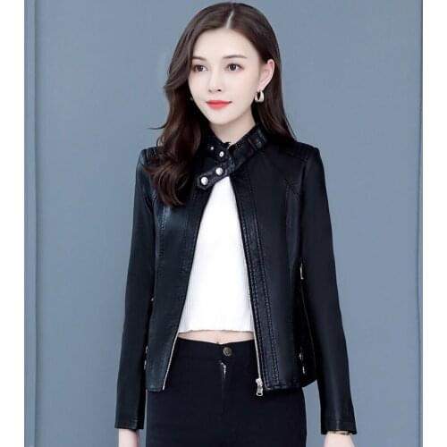 2021 Autumn Spring Women Faux Leather Jacket Female Casual Soft Pu Punk Leather Coat Ladies Zipper Black Outerwear 4XL H1191