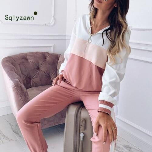 Color Block Patchwork Sportwear Women Two Piece Outfits Hooded Long Sleeve Zip Pullover Top + Pants Tracksuit Women Matching Set