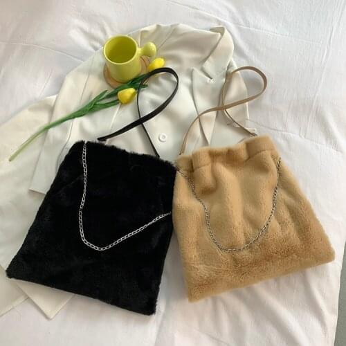 Womens Bag Fashion Plush Solid Color Soft Crossbody Shoulder Bag Ladies Autumn Winter Chain Large Capacity Shopper Tote Handbag