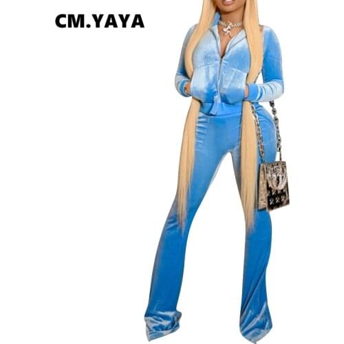 CM.YAYA Women Velvet Two 2 Piece Set Zipper Up Jacket and Flare Pants Active Matching Set Outfits Yoga Sport Tracksuit Sweatsuit
