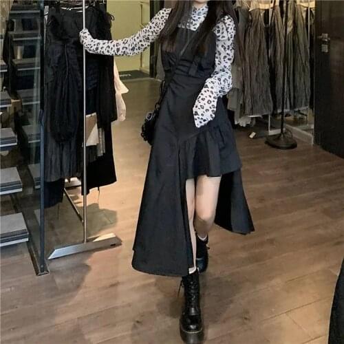 Harajuku Gothic Summer 2pcs Suit Leopard Print Long Sleeve T-Shirt Irregular Suspender Dress Women Vintage Punk Ruffles Tank Set