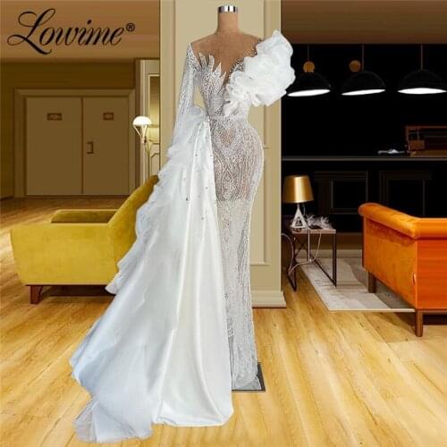 Lowime Ivory Evening Dresses Luxury 2021 Dubai Beading Pearls Mermaid Women Party Wear Gowns Long Sleeve Dubai Arabic Prom Dress