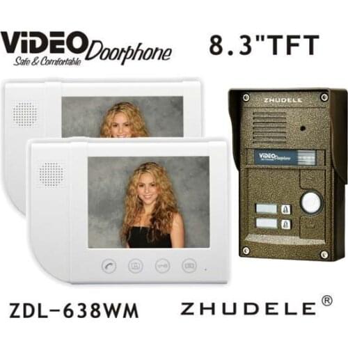 ZHUDELE 2-Apartments Home Security Intercom System kit 8.3" LCD Screen and FRID Panel Camera Metal Material Waterproof Cover