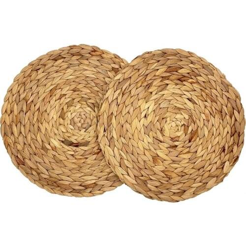 2 Pcs Woven Placemat,Natural Hyacinth Woven Placemat,Round Woven Rattan Table Mat, for Kitchen Party Wedding Decoration