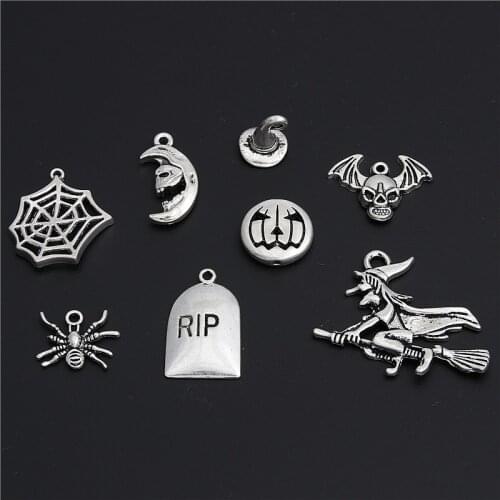 8pcs Silver Color Witch Hat Spider Web Pumpkin Halloween Charms Pendant For Necklace Bracelet Jewelry Making Accessories