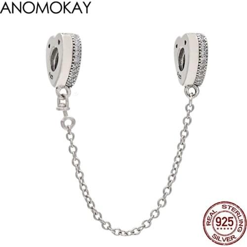 Anomokay Novelty Heart Thread Clasp Silver Safety Chain 100% Sterling 925 Silver Extension Chain Set with White Crystal Jewelry
