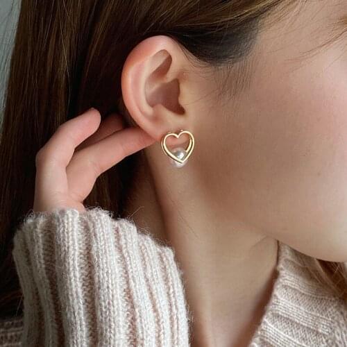 Besimpol Elegant Real 925 Sterling Silver Stud Earrings Winter Two-layer Pearl Heart Earrings For Women Fine Jewelry Cute Gift