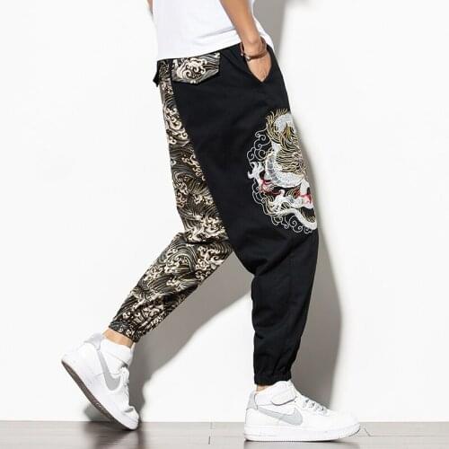 Traditional Chinese Embroidery Dragon Wide Leg Harem Pants Men Japanese Style Harajuku Streetwear Loose Cotton Bottom Trousers