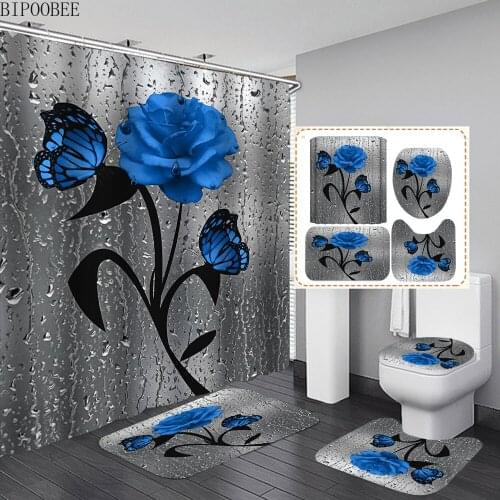 Blue Butterfly Rose Fabric Shower Curtain Waterproof Polyester Plant Flowers Bathroom Curtains Set Non-slip Rug Toilet Lid Cover