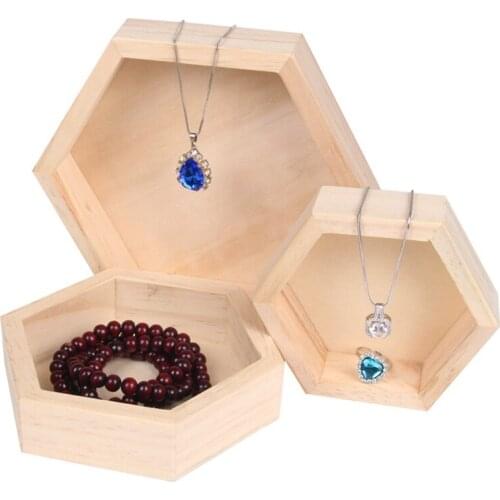 Wooden Necklace Jewelry Display Tray Case Holder Rack Hexagon Storage Box