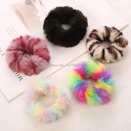 DHL 1000pcs Winter Warm Soft Faux Rabbit Fur Girls Women Elastic Hair Rope Bands Hair Accessories Children Rubber Band Headwear