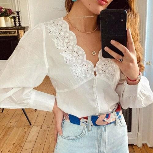 Elegant Lace Shirts Femme Puff Sleeve Vintage Button Up Hollow Out Tops Chic White 2021 Camisas Mujer Blouse Shirt Women Tunic