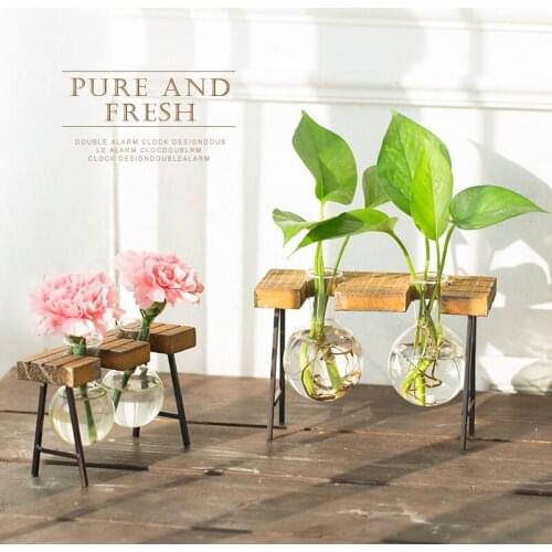 Terrarium Hydroponic Plant Vases Vintage Flower Pot Transparent Vase Wooden Frame Glass Tabletop Plants Home Bonsai Decor