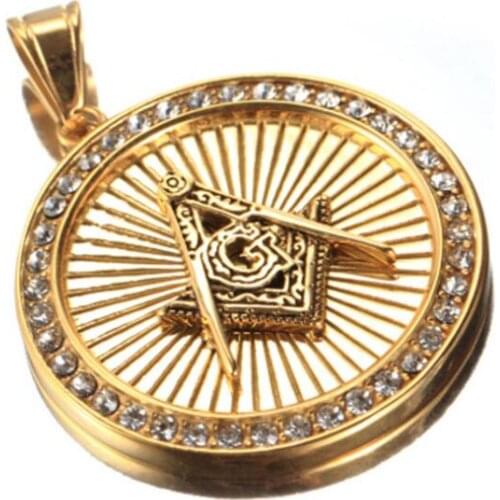 Classic Masonic Pendant Gold Crystal Freemason Titanium Free Mason Pendant Necklace Charm Fashion Jewelry with Chains 10pcs