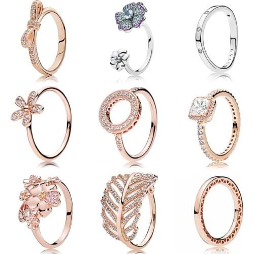 925 Sterling Silver Ring 1:1 Sparkling Golden Bow Hearts of Halo Timeless Elegance Wishbone Femal Ring DIY Pandora Jewelry