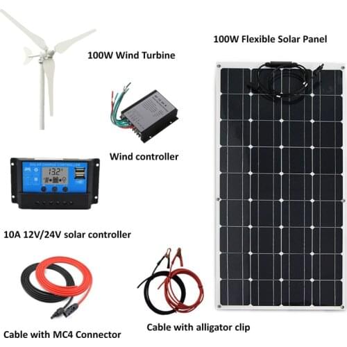 200W/H Hybrid System Kit: 100W Wind Turbine Generator+100W flexible Solar Panel+wind Controller+10A Solar controller+Accessories