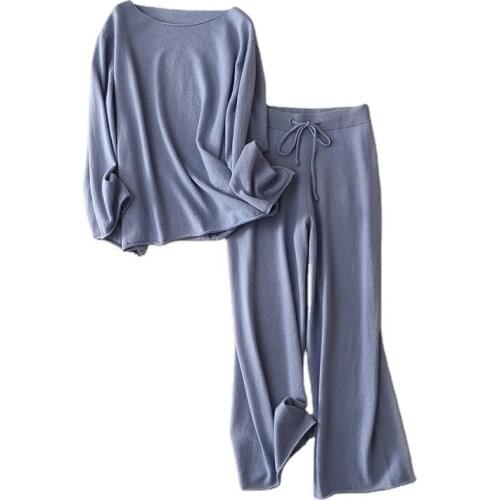 SHUCHAN LooseTwo Piece Sets Vintage Cashmere Slash Neck Pollover+ Ankle-Length Pants Two Piece Set Winter Matching Set