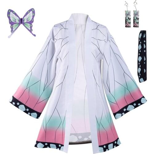 Anime Demon Slayer Kimetsu no Yaiba Kochou Shinobu Cosplay Costume Cloak Earings Belt Outfits Halloween Carnival Suit For Kids