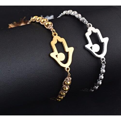 Fashion Women Stainless Steel Hamsa hand bangle handmade tassel beaded adjustable stretch bracelet wholesale&dropship Jewelry