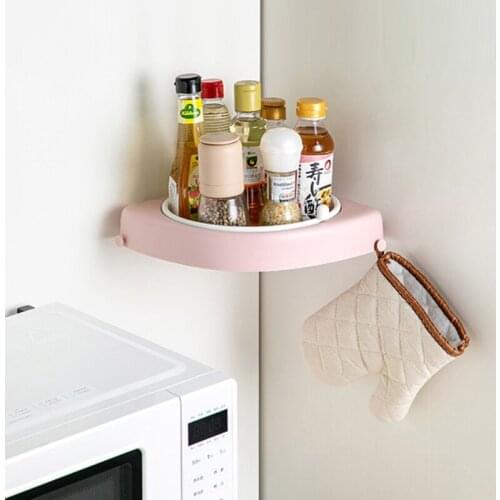 Wall-Mounted Bathroom Rotating Shelf Spinning Corner Holder Self-Adhesive Shower Rack with Hooks Punch-Free Ktichen Turntable