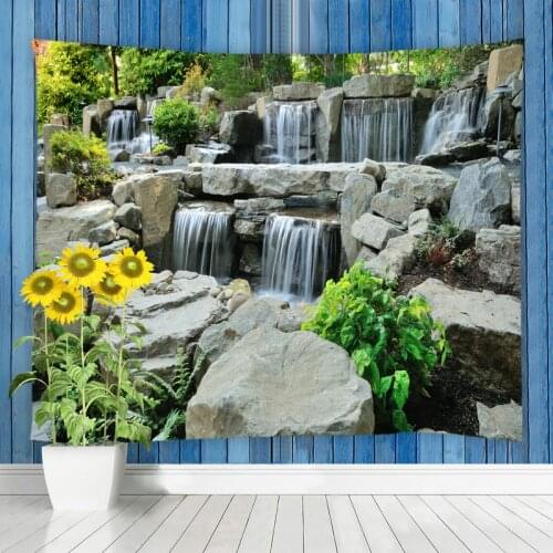 Garden Rockery Waterfall Landscape Tapestry Wall Hanging Patio Scenery Living Room Bedroom Art Decor Tapestries Home Decoration