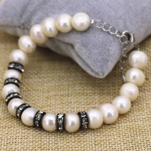 Natural 9-10mm white pearl beads beaded bracelet for bride weddings party gift black crystal spacer charms jewelry 7.5inch B3093