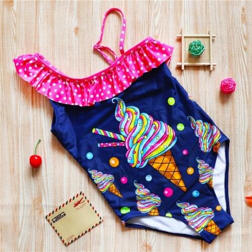 2021 New Girls Small Princess Cartoon Ice Cream One-piece Ruffle Edge Small Childrens Swimsuit Polka Dot Childrens Swimsuit