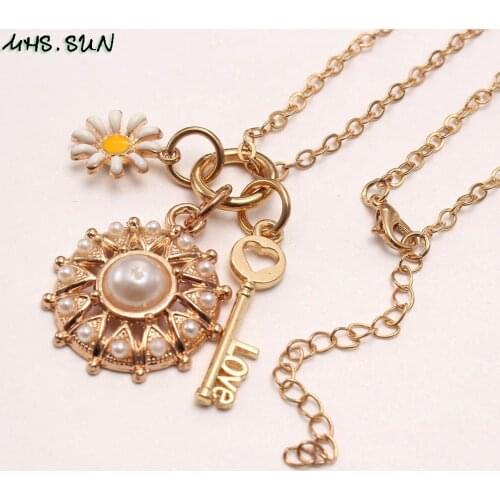 MHS.SUN Charming Sunflower/Key Alloy Pendant Necklace Kids Girls Fashion Long Chain Necklace Handmade Jewelry Adorable Design