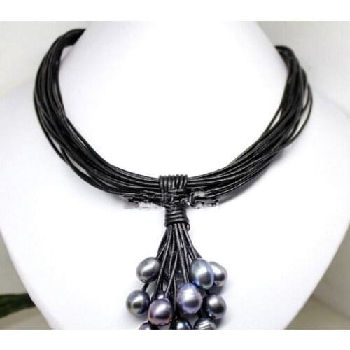 Natural 10-12mm Black Freshwater Pearl Leather Fashion Women Necklace 17.5"