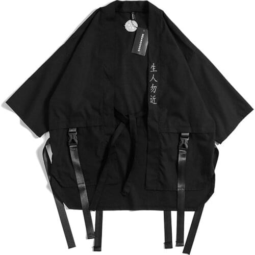 Streetwear Kimono Jacket Men Thin White Black Cardigan Hip Hop Jacket Windbreaker Loose Ribbons Embroidery Cotton Linen