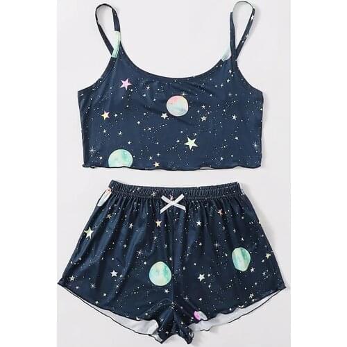 Pajamas Sets Moon Stars Pattern Print Bowknot Round Neck Summer Sleeveless Sleepwear for Women Fashion Nightwear Bielizna Damska