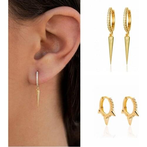 Real 925 sterling silver Spike hoop earrings, Cubic zirconias Huggie hoops with pendant,Hoops with charms, Girls Charm earrings