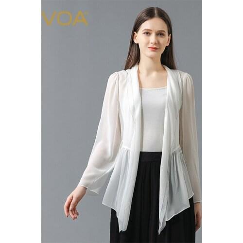 VOA Silk Georgette White Long Sleeve Cardigan Fold Open Edge Micro-transparent Sunscreen Air Conditioning Simple Jacket WE105