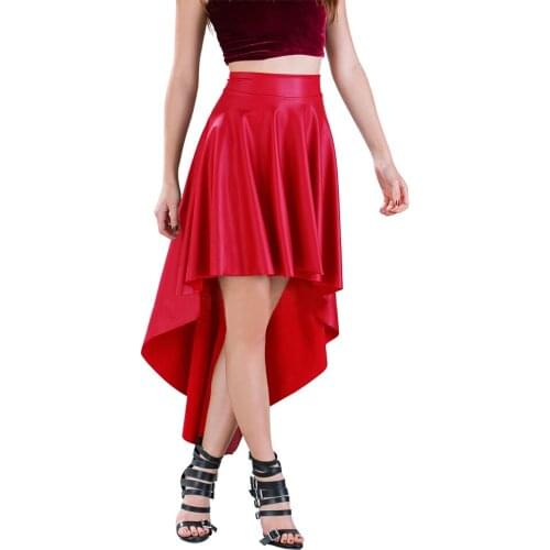2021 Belly dance Sexy Skirts Fashion Women Trendy Dance vestidos Party Casual High-Low Faux Leather Front Skirt Black Red