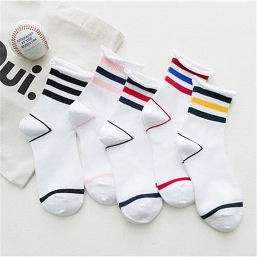 Women Cotton Spring Autumn Socks Fashion Solid Three Bars Crew Jacquard Casual Socks