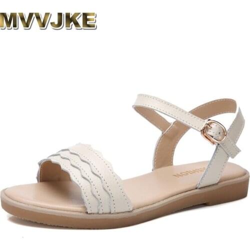 MVVJKE 2020 Summer women sandals flat heel leather flat sandals ladies original slingback sandals beach shoes classic sandals