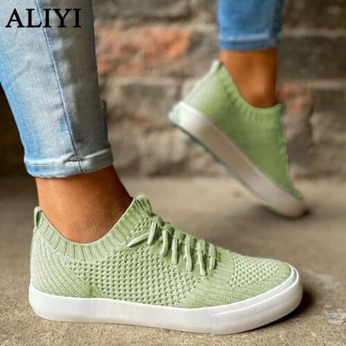 New Autumn Single Shoes Women 2021 Fashion Knitted Fabric Ladies Lace Up Comfortable Flats 36-43 Large-Sized Sport Sneakers